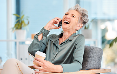 Image showing Phone call, good news and laughing with a business woman, CEO or manager joking while talking in an office. Mobile, communication and networking with a senior female employee enjoying a laugh or joke