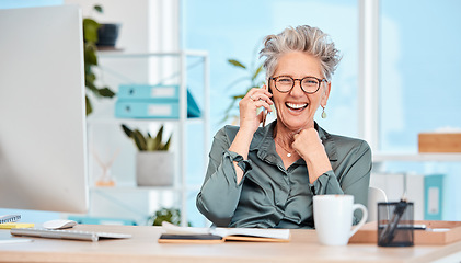 Image showing Ceo, business and woman on call with joy about successful startup company plan while feeling cheerful. Laughing, funny and comic communication on a phone call with a mature female executive