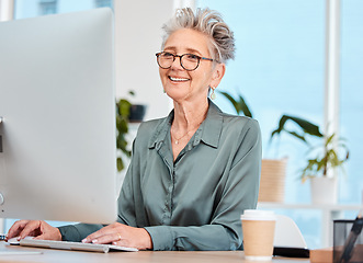 Image showing Computer, woman or senior manager doing seo research for a digital marketing or branding development project. Management, mature or happy employee reading an online article, email or internet content