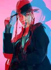 Image showing Punk, rock and graphic of a woman with fashion, creative portrait and digital against a pink studio background. 3d technology, stylish and model with designer clothing, overlay and edgy style