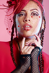 Image showing Fashion, red clothes and portrait of model with creative cosmetics design, eyeliner and facial fabric veil. Vintage beauty creativity, makeup and face of retro black woman with 1920s aesthetic style