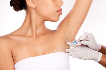 Image showing Beauty, armpit and injection for wellness aesthetic and professional treatment of hyperhidrosis. Plastic surgery doctor with cosmetic under arm botox syringe for girl patient in white studio.