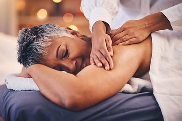 Image showing Beauty spa, massage and senior woman relax and enjoy body care treatment in massage therapy. Relaxation, wellbeing and massage therapist with bodycare for mature lady sleeping on a bed