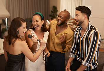 Image showing Friends, karaoke party and happy celebration together, dancing and fun reunion in restaurant lounge. Dance, singing happiness and group of people celebrate birthday event, new year or social comedy