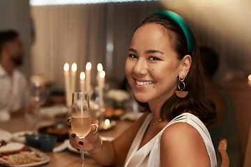 Image showing Woman, champagne and party portrait with dinner to celebrate new year, friends get together and social event with alcohol and food. Smile, drink glass with holiday celebration and dinner party fun.