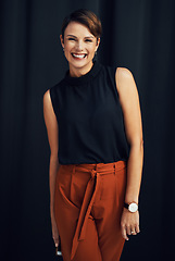 Image showing Smile, confidence and portrait of woman on black background, corporate success and empowerment in business. Happy woman, startup ceo and leader with vision in small business management in studio.