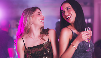 Image showing Music, neon and friends dance at party, club or New Year celebration event with drinks, alcohol or champagne. Fun night life, energy and social women dancing, happy and celebrate at disco nightclub