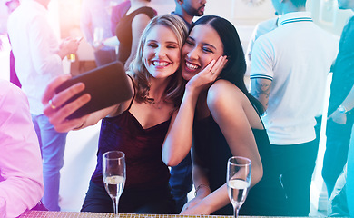 Image showing Friends, selfie and wine with women at party for new year celebration, birthday and cocktail event. Social, happy hour and phone with girls and drinks at night club for disco, energy and music event