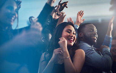 Image showing Love, couple and dancing at a party, happiness and bonding together. Concert, man and woman dance, at night and have fun for relationship, energy and friends at music festival, celebration and relax.