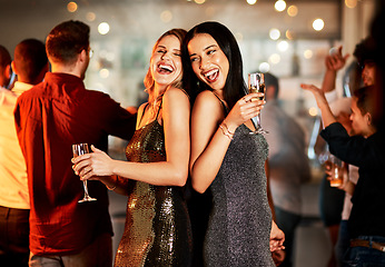 Image showing Friends, new year and party celebration, drinks and happy smile with dance, music and ladies night social. Women, laugh and celebrate at a event with people, drinking alcohol and nightclub tgoether