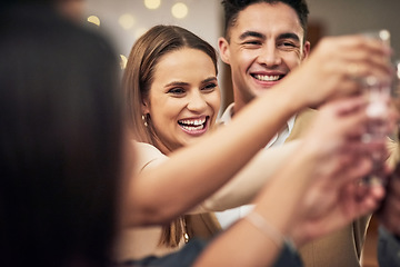 Image showing Group of friends, toast and celebration in restaurant, party and happiness together for New year. Young people, smile and champagne for success, happy hour or social event for drinks, cheers or relax