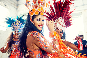 Image showing Party, brazil and carnival with woman dancers together in celebration of the new year in rio de janeiro. Portrait, dance and event with a female and friends dancing to music in festival tradition