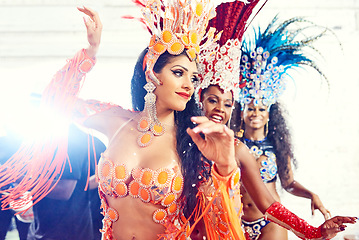 Image showing Carnival, brazil and festival with a woman group in costume ready for a new year celebration event. Dance, party and tradition with female friends or dancers wearing cultural outfit in rio de janeiro