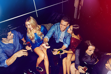 Image showing Club sofa, alcohol cocktail and friends celebrate New Year event with happy hour drinks, energy or party music. Nightclub communication, talking and top view people with picture memory phone selfie