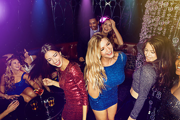 Image showing Dance, club celebration and friends at a party, happy event and night energy on new years at a disco. Social, dancing and group of women at a night club to celebrate a birthday and happiness