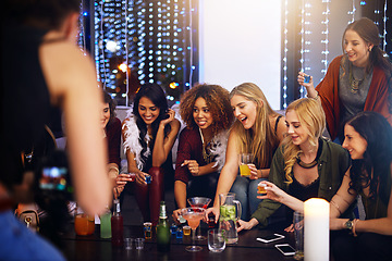 Image showing Friends, drinks and nightclub celebration on happy hour with alcohol, drinking and cocktails. Party, music and celebrate event of people at night with happiness and excited smile ready for shots