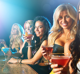 Image showing Happy hour, women and cocktail with portrait of female group ready to dance and drink. Night club, cocktails and dj dancing music with people, drinks and alcohol celebration with a smile