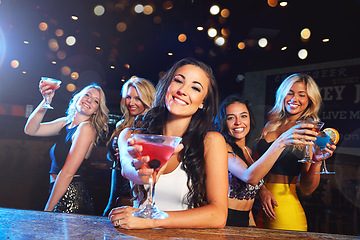 Image showing Party, nightclub and portrait of women with cocktail for cheers, toast and celebration on ladies night. Alcohol, social event and happy female friends enjoy happy hour at rave, disco and cocktail bar