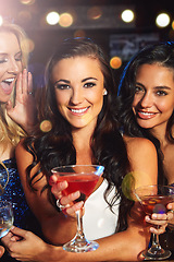 Image showing Women, cocktail drink and party with smile in portrait, friends on night out for new year celebration in nightclub. Alcohol, drinking glasses and happy with cocktails, happy hour and ladies night.