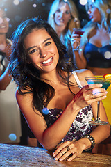 Image showing Woman with cocktail in nightclub portrait, party with alcohol drink and new year celebration during happy hour. Young, happy and cocktails to celebrate holiday at club, drinks and fun at social event