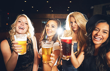 Image showing Portrait of women, nightclub and party with drinks for celebration, new years evening and happy hour event. Happy friends, girls and social drinking in night club, pub and cheers with alcohol beer