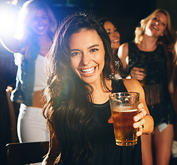 Image showing Happy, beer and woman portrait in a nightclub for new years, social of happy hour event. Happiness, alcohol drink and music of a person ready for dancing, celebration and dj concert with a smile