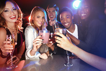 Image showing Friends with cocktail drinks, toast in nightclub and smile in party portrait, new year celebration with happy people. Drinks, club and happy hour, champagne and cocktails to celebrate with cheers.