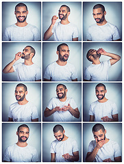 Image showing Collage, drunk man and drinking alcohol at party for new years, birthday or Christmas celebration with funny photobooth portrait. Funny male with shots drink in comic gradient background booth