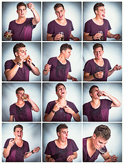 Image showing Collage, drunk and man vomit from alcohol drink, shots and hangover while sick, tired and with nausea at party for celebration, new years and birthday. Crazy male puke on studio background