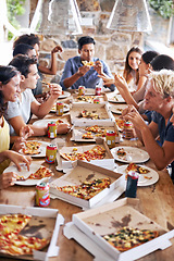 Image showing Pizza, community or friends eating at a party table to celebrate summer holidays vacation together by bonding. Diversity, restaurant or hungry people enjoy a fast food lunch meal at social gathering