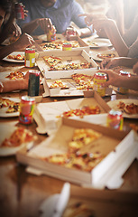 Image showing Diversity, friends and pizza party at restaurant eating or soda drinks at table to celebrate summer reunion or holiday vacation. Hungry people, enjoy fast food and lunch meal at social gathering