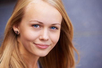 Image showing Beauty, happiness and portrait of woman with smile for wellness, positive mindset and relaxing. Youth, cosmetics and face of young teenager from Ireland with healthy skin, blonde hair and blue eyes