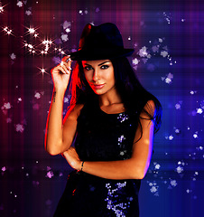 Image showing Stars, club and woman portrait at disco party or music concert event at night for celebration. Fashion, dark new year and sexy person or model clubbing in techno or rave nightclub alone