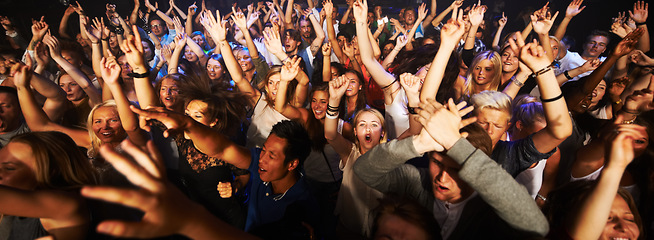 Image showing Music, dance and party with crowd at concert for rock, live band performance or festival. New year, energy and disco with audience of fans listening at celebration for techno, rave or nightclub event