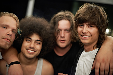 Image showing Friends, party and man portrait together at a rock show after band dj set at social event. Punk group, happiness and diversity of a male friendship bonding with hug in a nightclub or music festival