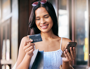 Image showing Woman with credit card, smartphone for online shopping and ecommerce with banking app and internet, online and retail. Happy customer, sale and e commerce, mobile and technology with service and pay.