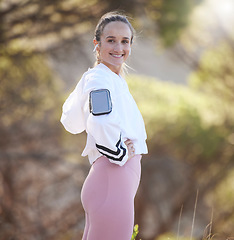 Image showing Fitness, woman and portrait smile of runner in exercise, workout or training in the nature outdoors. Female smiling in preparation for running, exercising or healthy cardio sports activity on mockup