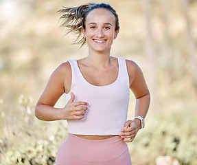 Image showing Running, fitness and runner with woman and exercise outdoor, training portrait and health motivation with wellness and active. Run, workout and sports, marathon or race with cardio and energy mockup.