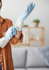 Image showing Woman hands, cleaner with gloves and cleaning, hygiene and safety against bacteria and germs, cleaning service and prepare for house work. Employee, housekeeper with spring cleaning and clean mockup.