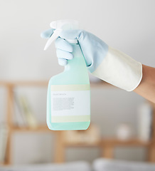 Image showing Cleaning, spray bottle and hands of woman in home for bacteria, safety and sanitary. Hygiene, chemicals and housekeeping service with cleaner and disinfection product for germs, dirt and domestic