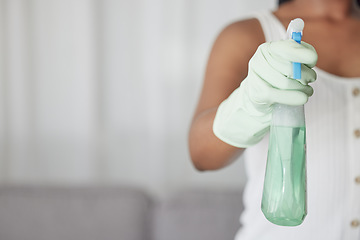 Image showing Woman, hand glove and product for cleaning, hygiene or cleaning service with detergent in home. Eco friendly chemical, spray bottle with disinfectant or cleaning supplies with cleaner in house