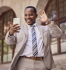 Image showing Businessman, video call and phone with smile and wave for hello, introduction or communication in the outdoors. Happy black man smiling for 5G connectivity, conversation or discussion on smartphone