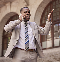 Image showing Phone call, confused or black man in New York street, city or road with question, angry or stress communication. Lawyer, mobile or businessman with smartphone for depression, anxiety or 5g network