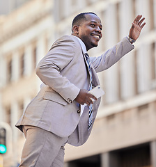 Image showing African businessman, stop taxi and street in city, metro or urban transport for travel, meeting or event. Corporate black man, smile and hail for cab, bus or e-hailing transportation in Cape Town