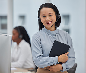 Image showing Business woman, call center and portrait in office for telemarketing compliance, virtual assistant and workplace employee management. Telecom, technology and consultant or leader with crm excellence