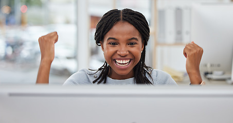 Image showing Black woman, computer or success fist in modern office, digital marketing company or advertising startup in target goals. Smile, happy or excited creative designer on technology for logo brand growth