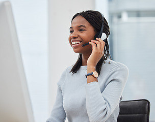Image showing Call center, customer support and black woman talking to client in corporate workplace for crm help desk. Customer service, receptionist and female consulting agent speaking with friendly service