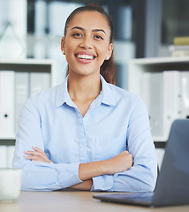 Image showing Laptop, portrait and business woman with office company success, vision for workplace development and Human Resources management goals. HR boss, leadership and trust with proud face working at a desk