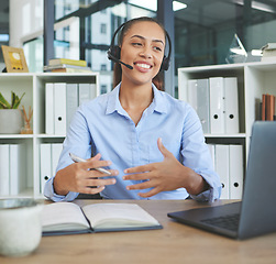 Image showing Call center, video call and office woman on laptop for customer service, business advisory and telemarketing strategy. Happy consultant working on computer for telecommunication, sales and support