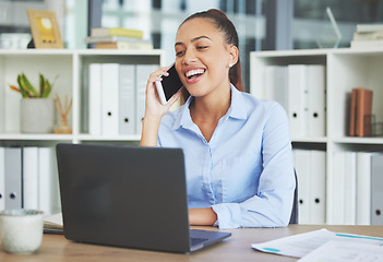 Image showing Woman, phone call and working on laptop in business office for planning schedule, receptionist and employee on digital online call. Business woman, tech gadget and smarphone conversation or web email